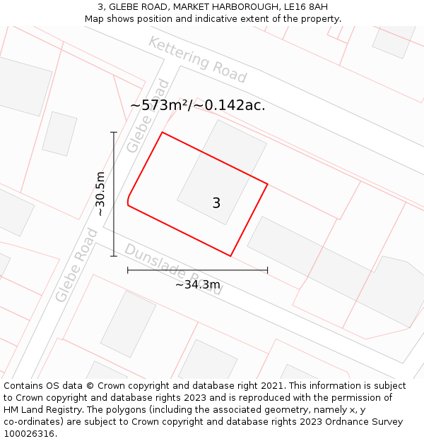 3, GLEBE ROAD, MARKET HARBOROUGH, LE16 8AH: Plot and title map