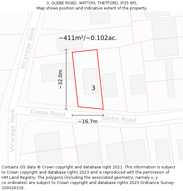 3, GLEBE ROAD, WATTON, THETFORD, IP25 6PL: Plot and title map