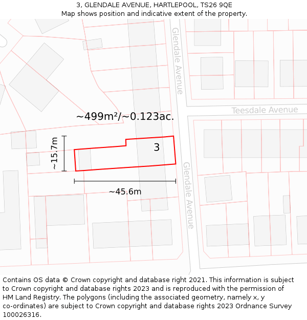 3, GLENDALE AVENUE, HARTLEPOOL, TS26 9QE: Plot and title map