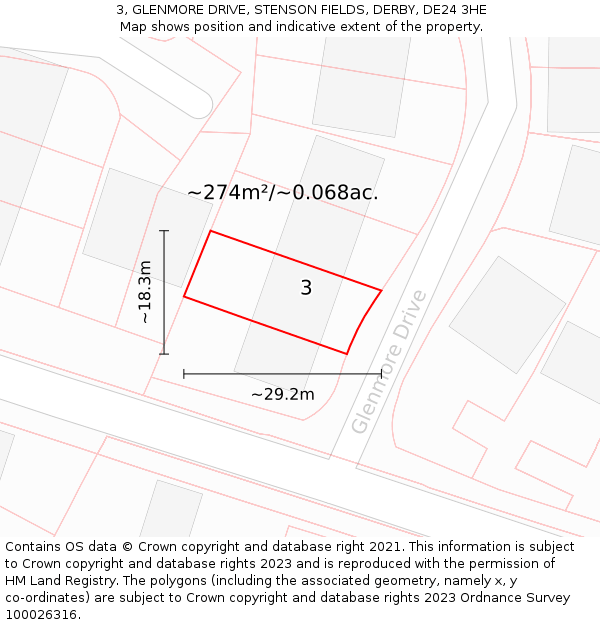 3, GLENMORE DRIVE, STENSON FIELDS, DERBY, DE24 3HE: Plot and title map