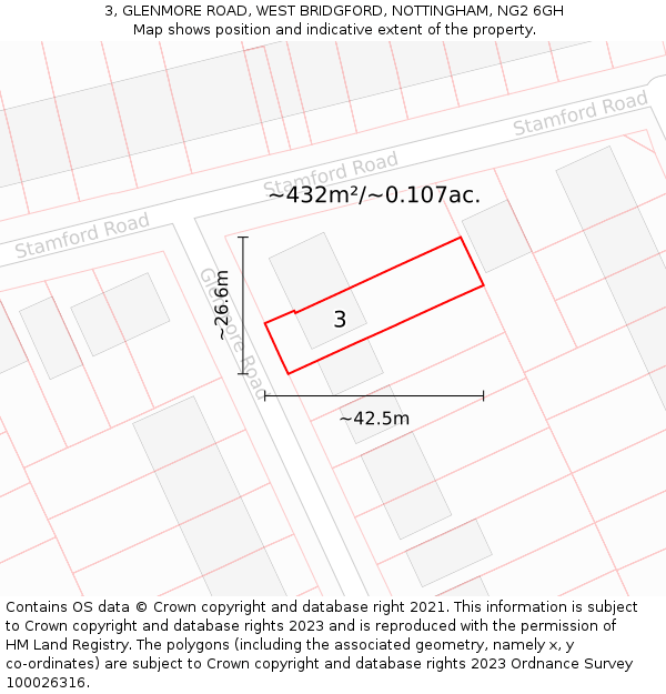 3, GLENMORE ROAD, WEST BRIDGFORD, NOTTINGHAM, NG2 6GH: Plot and title map