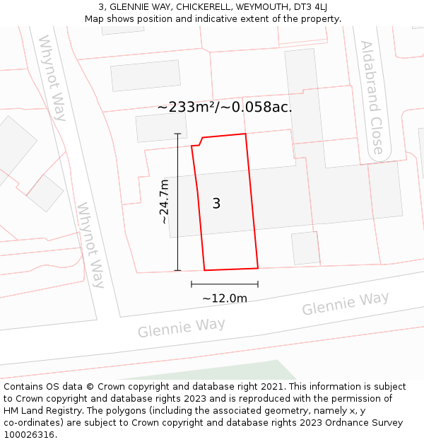 3, GLENNIE WAY, CHICKERELL, WEYMOUTH, DT3 4LJ: Plot and title map