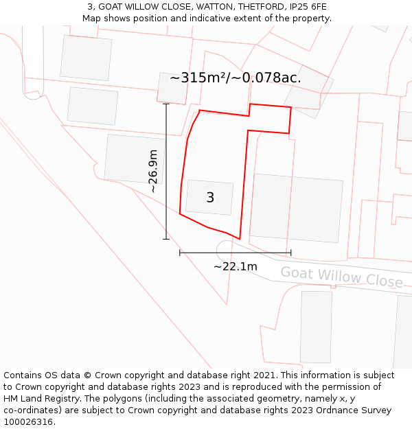 3, GOAT WILLOW CLOSE, WATTON, THETFORD, IP25 6FE: Plot and title map