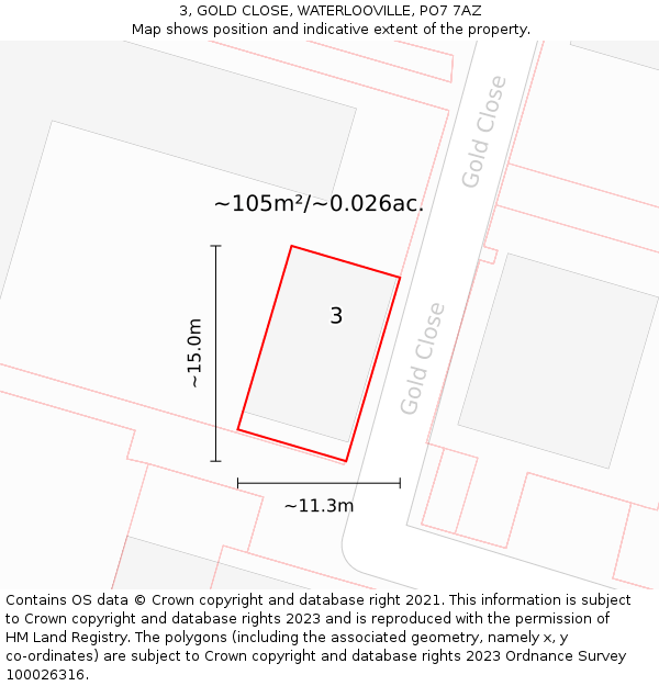 3, GOLD CLOSE, WATERLOOVILLE, PO7 7AZ: Plot and title map