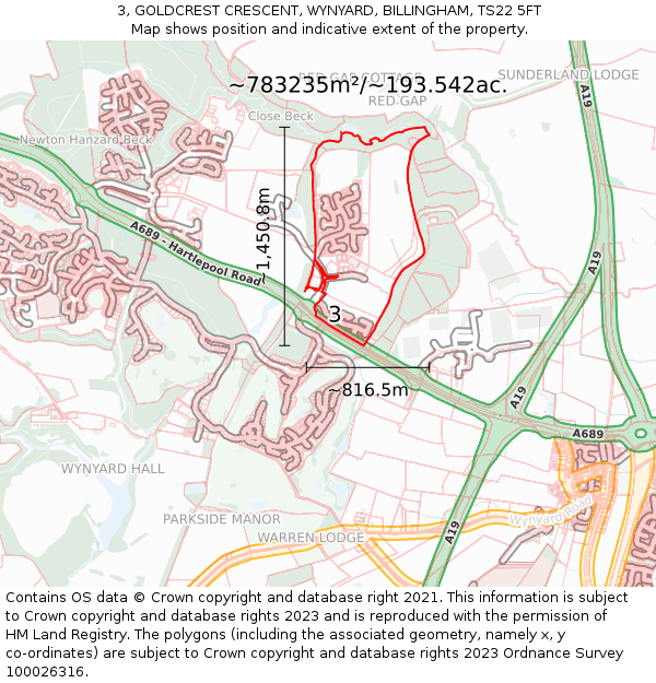 3, GOLDCREST CRESCENT, WYNYARD, BILLINGHAM, TS22 5FT: Plot and title map