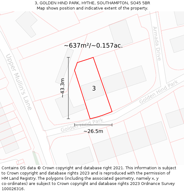 3, GOLDEN HIND PARK, HYTHE, SOUTHAMPTON, SO45 5BR: Plot and title map