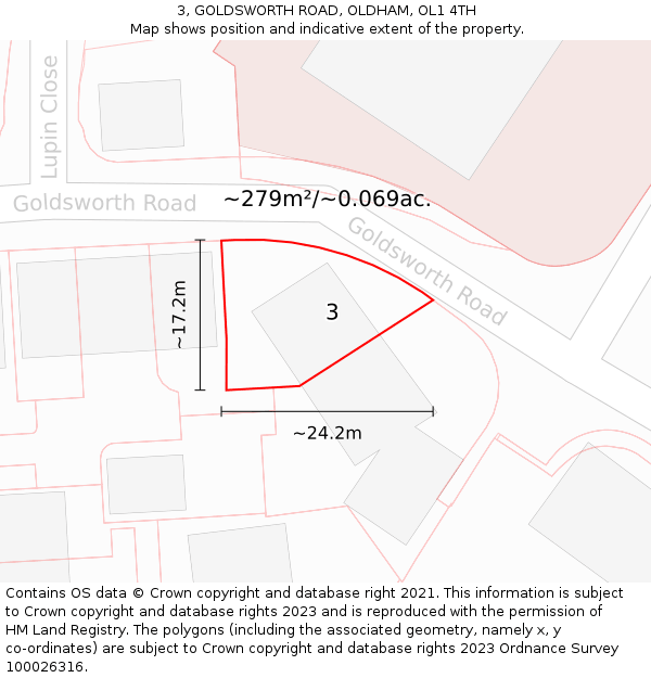 3, GOLDSWORTH ROAD, OLDHAM, OL1 4TH: Plot and title map