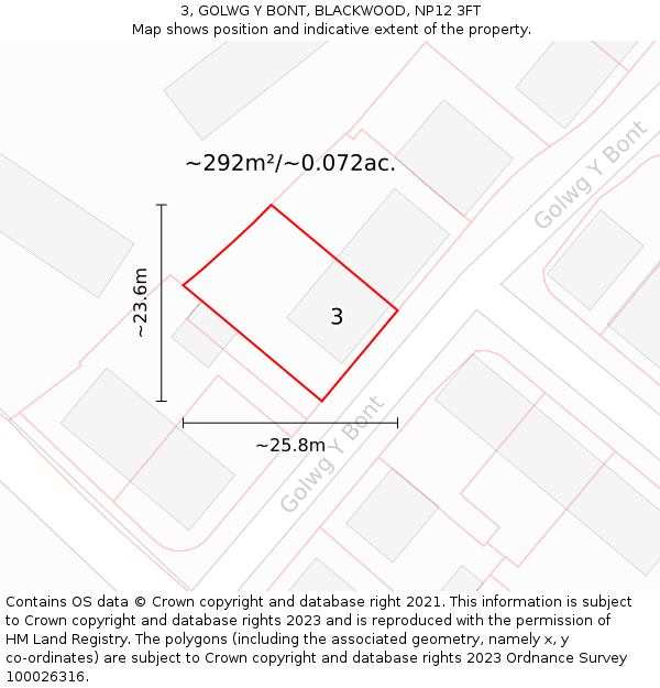 3, GOLWG Y BONT, BLACKWOOD, NP12 3FT: Plot and title map