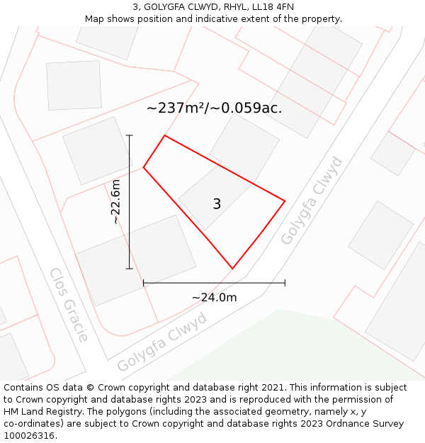 3, GOLYGFA CLWYD, RHYL, LL18 4FN: Plot and title map