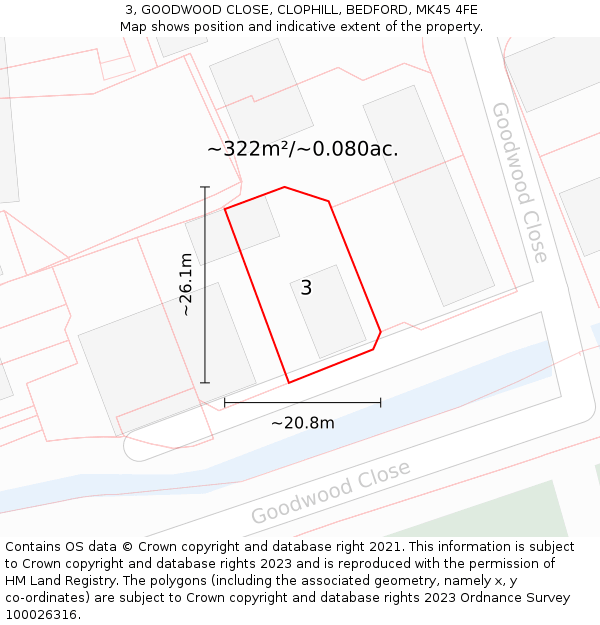 3, GOODWOOD CLOSE, CLOPHILL, BEDFORD, MK45 4FE: Plot and title map