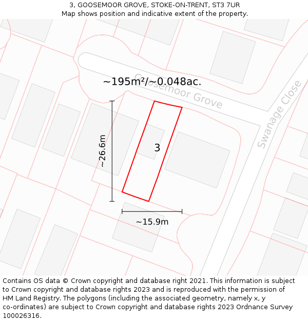 3, GOOSEMOOR GROVE, STOKE-ON-TRENT, ST3 7UR: Plot and title map