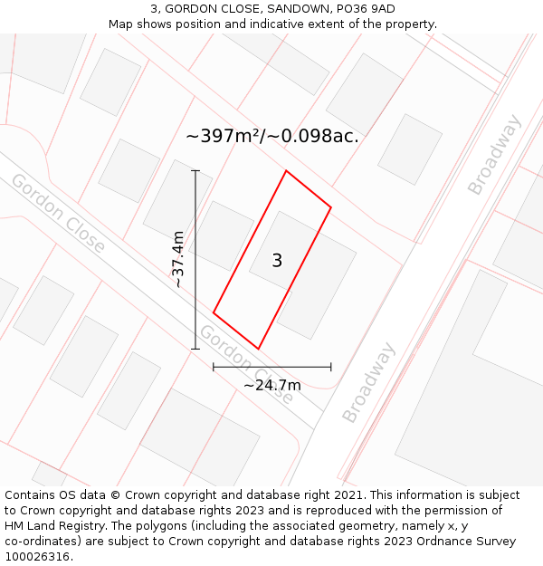 3, GORDON CLOSE, SANDOWN, PO36 9AD: Plot and title map