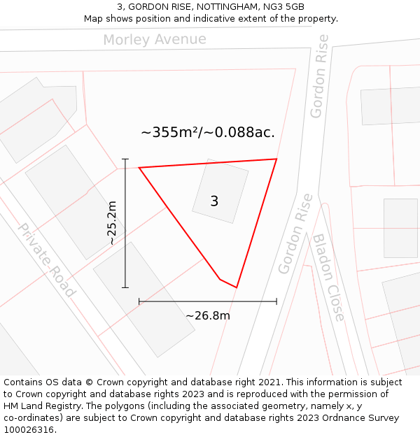 3, GORDON RISE, NOTTINGHAM, NG3 5GB: Plot and title map