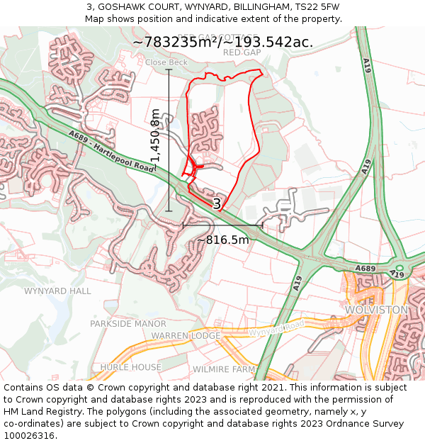 3, GOSHAWK COURT, WYNYARD, BILLINGHAM, TS22 5FW: Plot and title map