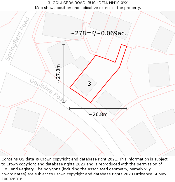 3, GOULSBRA ROAD, RUSHDEN, NN10 0YX: Plot and title map