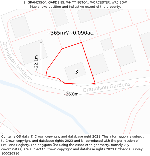 3, GRANDISON GARDENS, WHITTINGTON, WORCESTER, WR5 2QW: Plot and title map