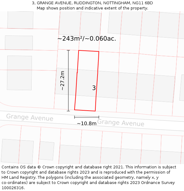 3, GRANGE AVENUE, RUDDINGTON, NOTTINGHAM, NG11 6BD: Plot and title map