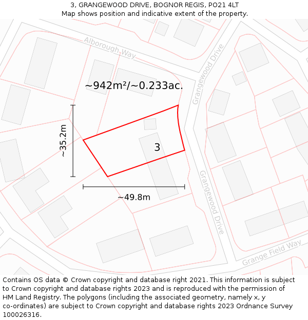 3, GRANGEWOOD DRIVE, BOGNOR REGIS, PO21 4LT: Plot and title map