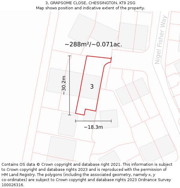 3, GRAPSOME CLOSE, CHESSINGTON, KT9 2SG: Plot and title map