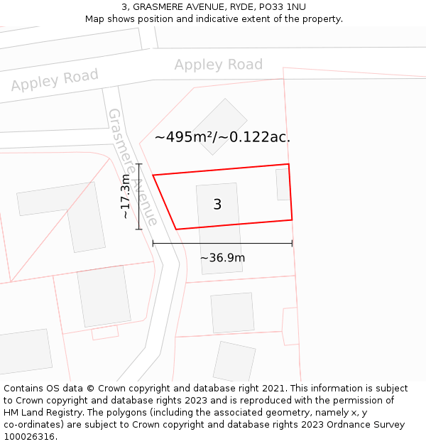 3, GRASMERE AVENUE, RYDE, PO33 1NU: Plot and title map