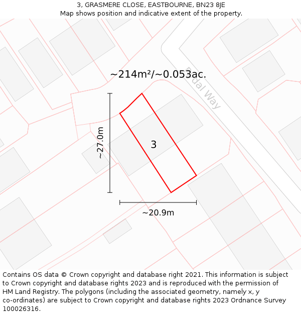 3, GRASMERE CLOSE, EASTBOURNE, BN23 8JE: Plot and title map