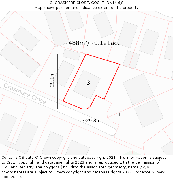 3, GRASMERE CLOSE, GOOLE, DN14 6JS: Plot and title map