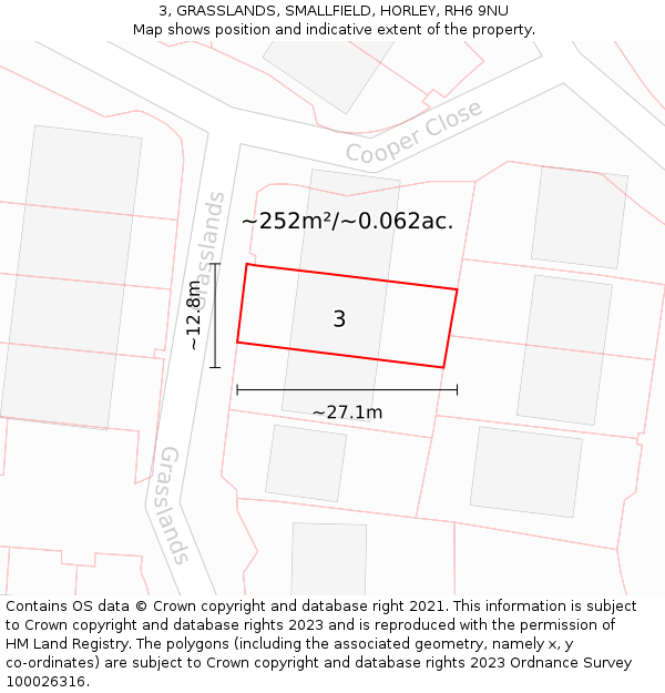 3, GRASSLANDS, SMALLFIELD, HORLEY, RH6 9NU: Plot and title map