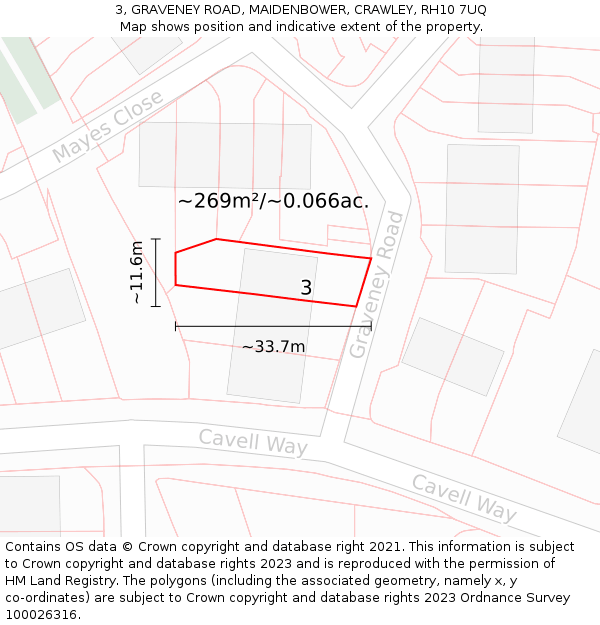 3, GRAVENEY ROAD, MAIDENBOWER, CRAWLEY, RH10 7UQ: Plot and title map