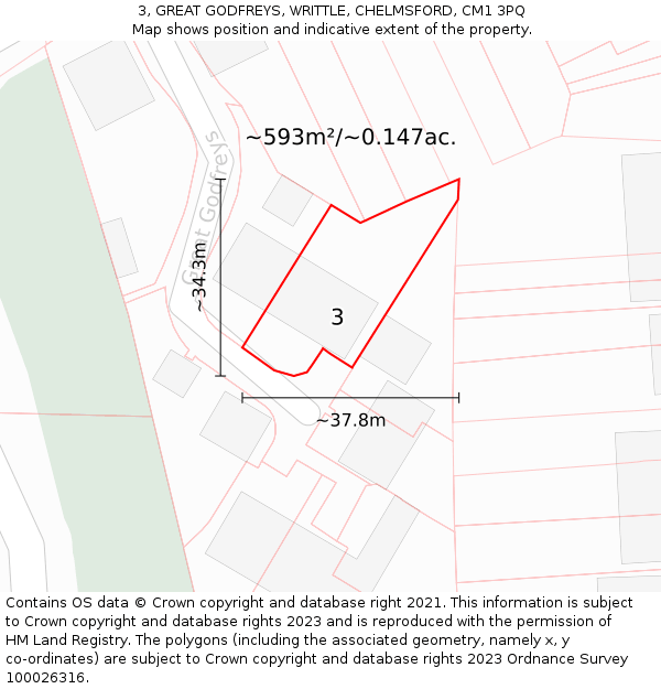 3, GREAT GODFREYS, WRITTLE, CHELMSFORD, CM1 3PQ: Plot and title map