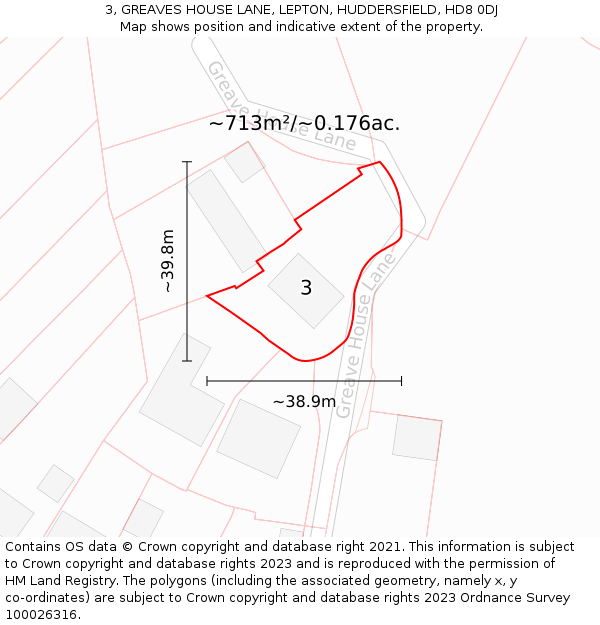 3, GREAVES HOUSE LANE, LEPTON, HUDDERSFIELD, HD8 0DJ: Plot and title map