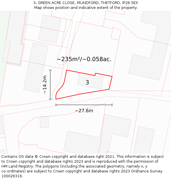 3, GREEN ACRE CLOSE, MUNDFORD, THETFORD, IP26 5EX: Plot and title map