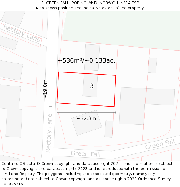 3, GREEN FALL, PORINGLAND, NORWICH, NR14 7SP: Plot and title map