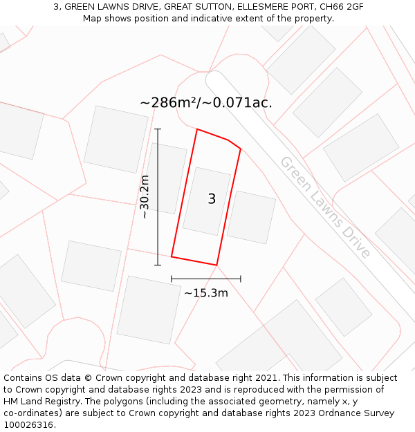 3, GREEN LAWNS DRIVE, GREAT SUTTON, ELLESMERE PORT, CH66 2GF: Plot and title map