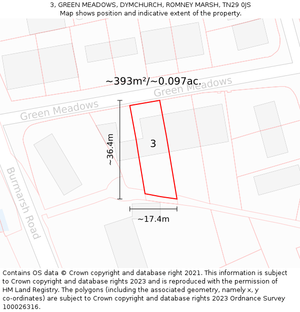 3, GREEN MEADOWS, DYMCHURCH, ROMNEY MARSH, TN29 0JS: Plot and title map