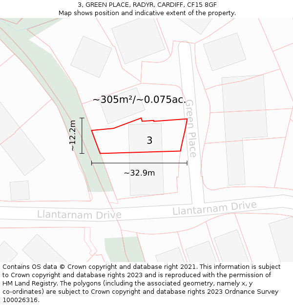 3, GREEN PLACE, RADYR, CARDIFF, CF15 8GF: Plot and title map