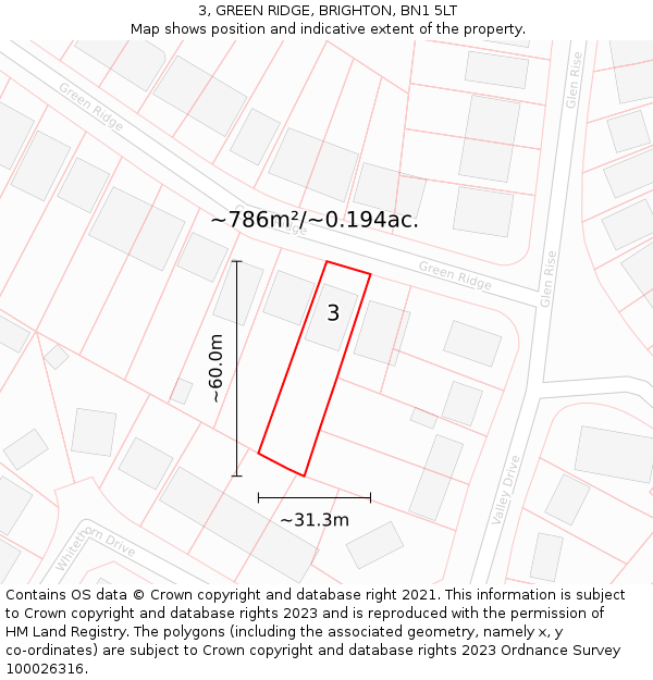 3, GREEN RIDGE, BRIGHTON, BN1 5LT: Plot and title map