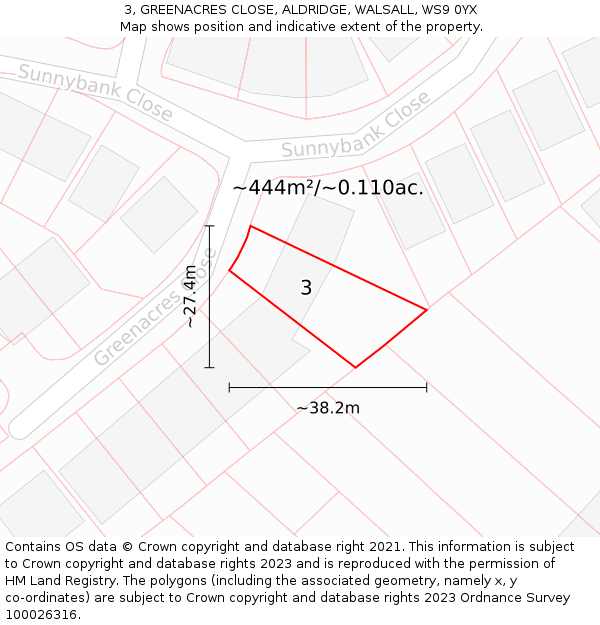 3, GREENACRES CLOSE, ALDRIDGE, WALSALL, WS9 0YX: Plot and title map