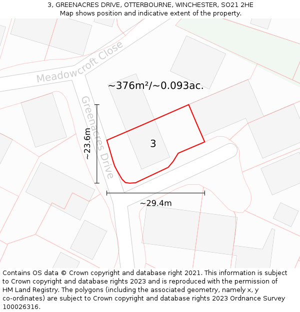 3, GREENACRES DRIVE, OTTERBOURNE, WINCHESTER, SO21 2HE: Plot and title map