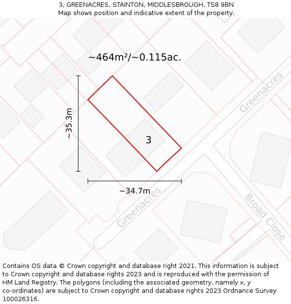 3, GREENACRES, STAINTON, MIDDLESBROUGH, TS8 9BN: Plot and title map