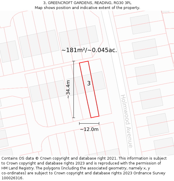 3, GREENCROFT GARDENS, READING, RG30 3PL: Plot and title map