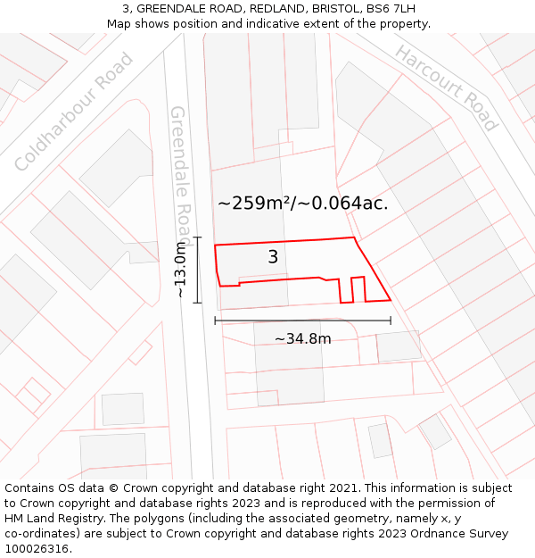 3, GREENDALE ROAD, REDLAND, BRISTOL, BS6 7LH: Plot and title map
