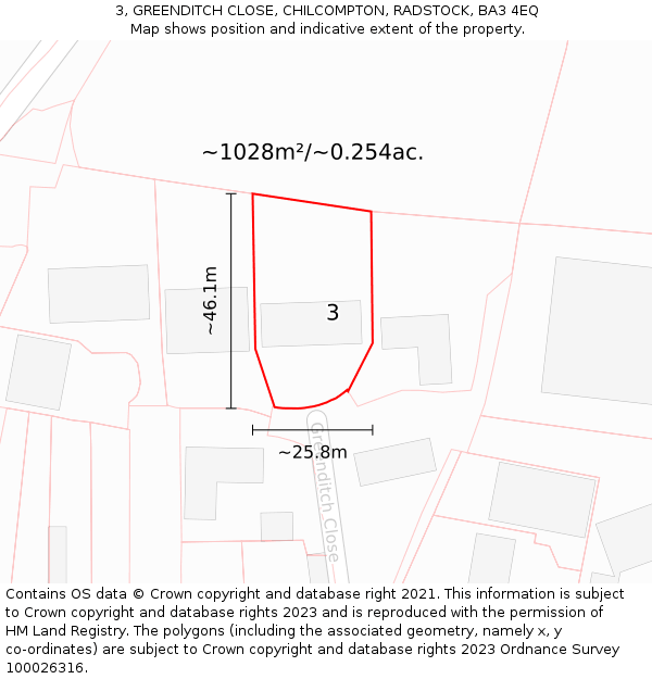 3, GREENDITCH CLOSE, CHILCOMPTON, RADSTOCK, BA3 4EQ: Plot and title map