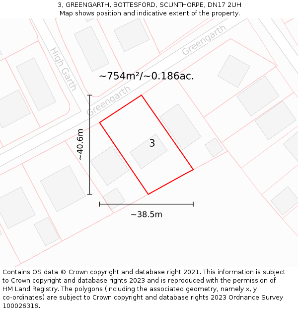 3, GREENGARTH, BOTTESFORD, SCUNTHORPE, DN17 2UH: Plot and title map