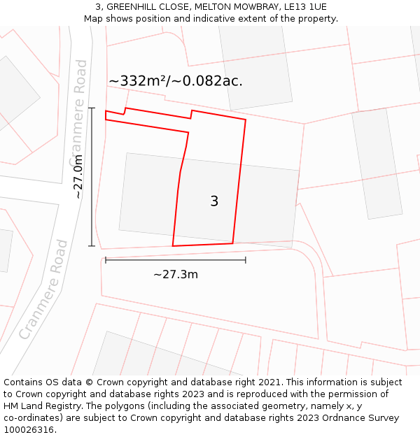 3, GREENHILL CLOSE, MELTON MOWBRAY, LE13 1UE: Plot and title map