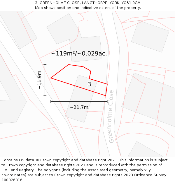 3, GREENHOLME CLOSE, LANGTHORPE, YORK, YO51 9GA: Plot and title map