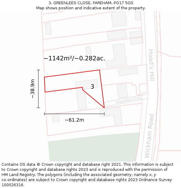 3, GREENLEES CLOSE, FAREHAM, PO17 5GS: Plot and title map