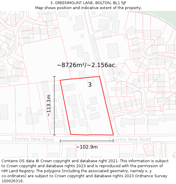 3, GREENMOUNT LANE, BOLTON, BL1 5JF: Plot and title map