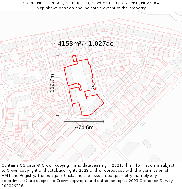 3, GREENRIGG PLACE, SHIREMOOR, NEWCASTLE UPON TYNE, NE27 0GA: Plot and title map