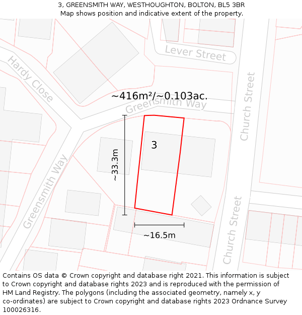 3, GREENSMITH WAY, WESTHOUGHTON, BOLTON, BL5 3BR: Plot and title map