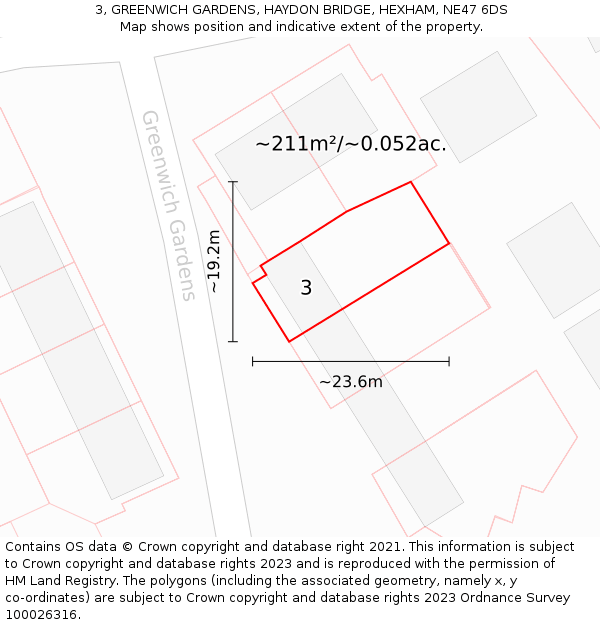 3, GREENWICH GARDENS, HAYDON BRIDGE, HEXHAM, NE47 6DS: Plot and title map